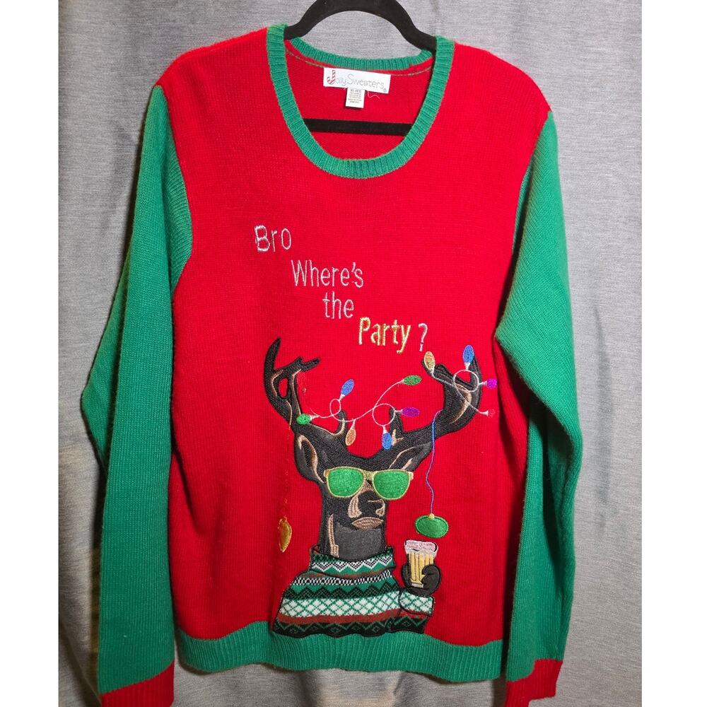 Jolly Sweaters Red & Green Hipster Reindeer Ugly Christmas Sweater Bro Beer XL